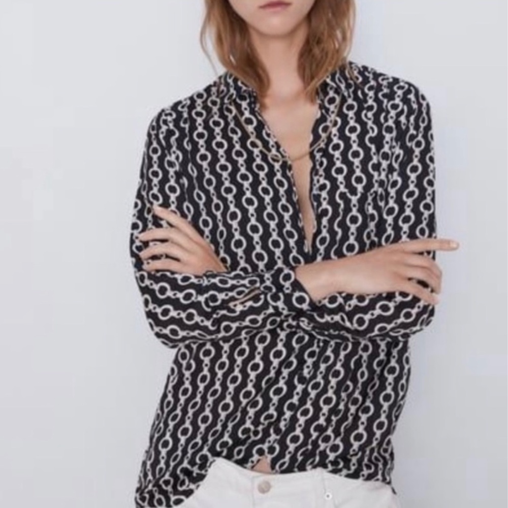 Zara Satin Chain Button Down Shirt Black White Size s